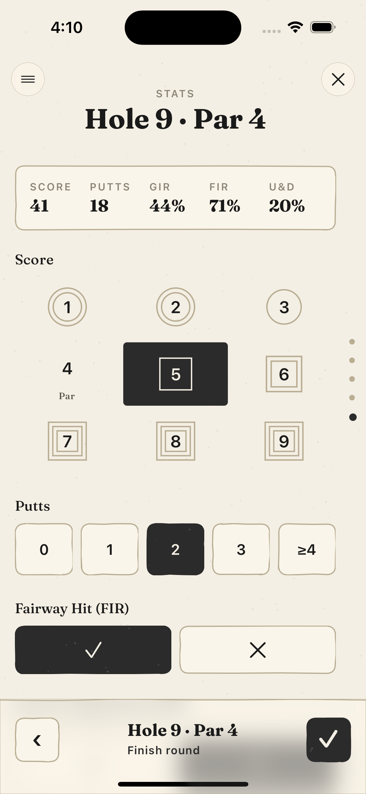 Per-hole stats: a par-relative score grid, putts row and FIR toggle